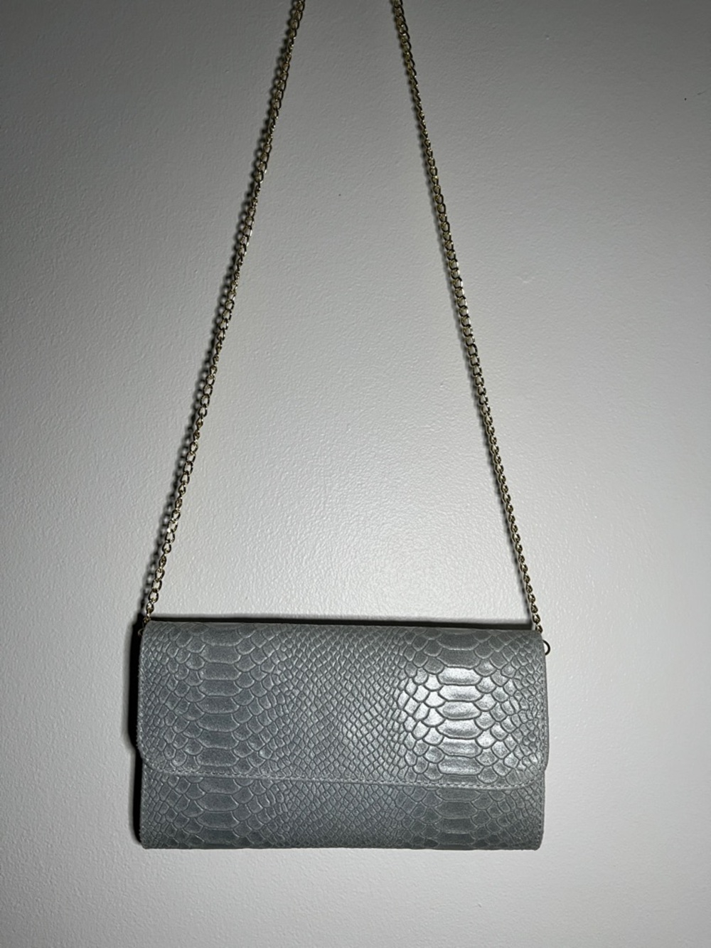 Leather Gray Snakeskin Embossed Crossbody Bag Genuine Leather Chain Strap Purse